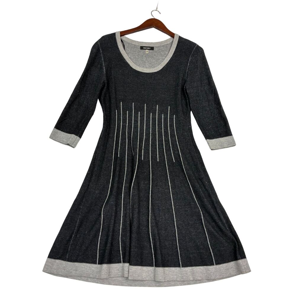 Nine West Womens L Fit Flare Sweater Dress Gray 3/4 Sleeve Contrast Knit